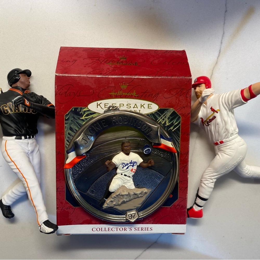 Baseball Xmas Tree Ornaments- Jackie Robinson, McGwire and Barry Bonds